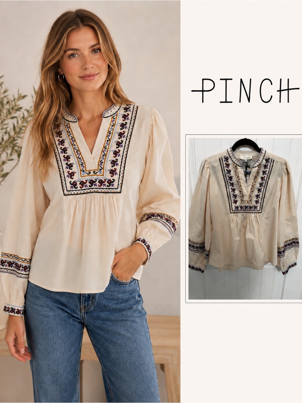 Pinch Cream Embroidered V-Neck Peasant Blouse